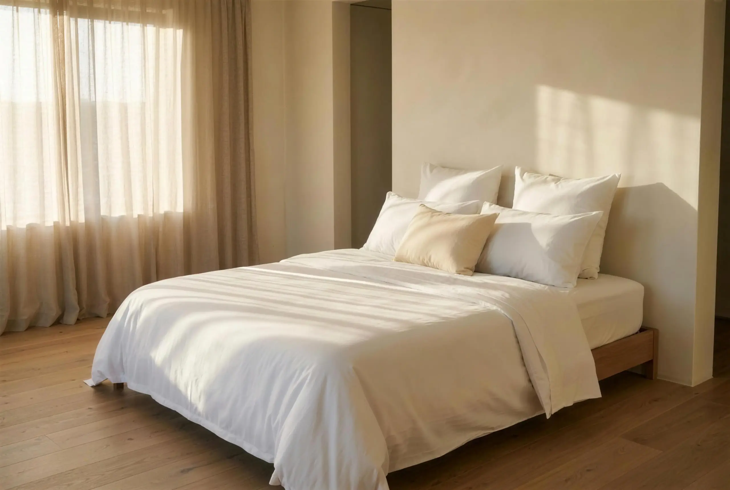 Bed with white percale bed linen in the morning light: flat sheet folded back, pillows in 80×80 and 40×80 cm, accent cushion in Light Cream Beige